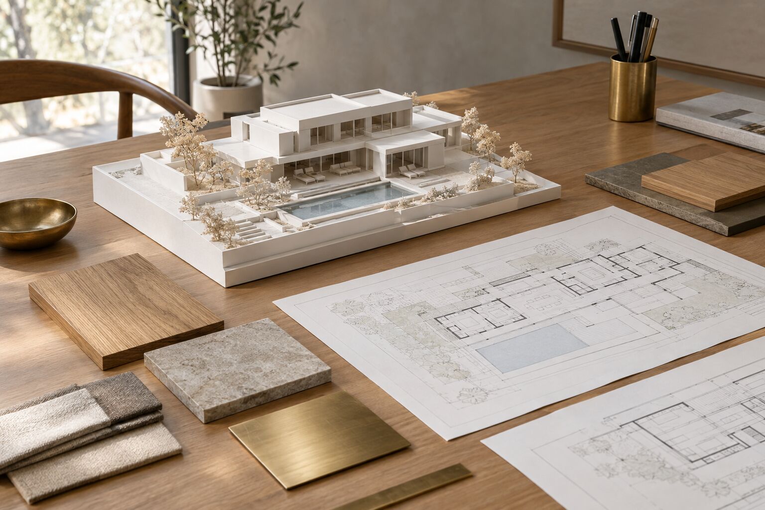 Maquette van een villa met materiaalstalen op een tekentafel